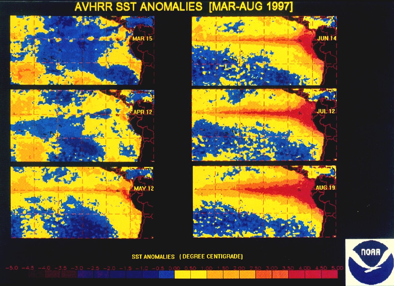 Mapa histórico de anomalias de temperatura do Pacífico, de março a agosto de 1997